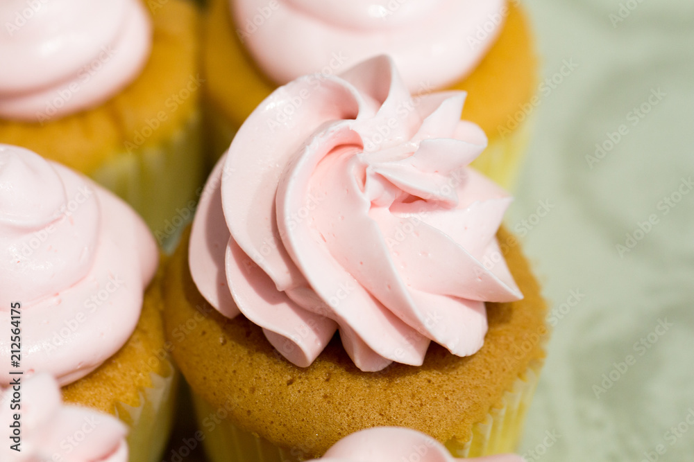 Pink cupcake on white background.Copy space.