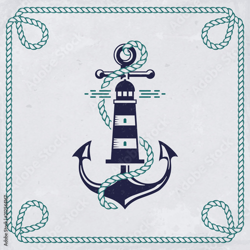 Vector emblem with anchor and lighthouse. Nautical banner.