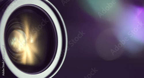 dslr camera lens with bokeh reflections. camera lens background