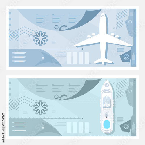 Airport Banner, Cruise Ship at Sea, Plane on the Runway, Tourism and Travel Infographic Concept, Vector Illustration