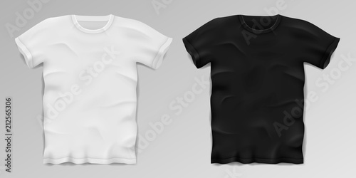 Black and white realistic male t-shirt. Blank sports t-shirt template isolated. Cotton man shirt design. Vector illustration