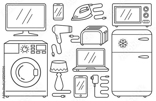 Haushaltsgeräte, Line Icons, Elektrogeräte, Elektroschrott, schwarze Symbole auf weißem Hintergrund