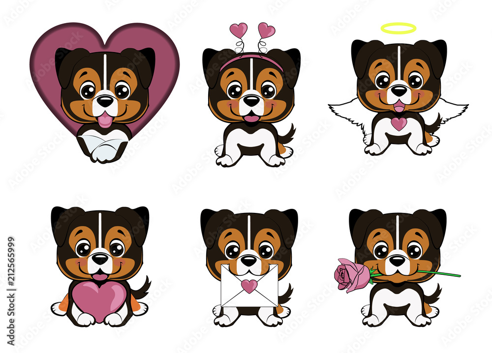 Big set of different little dogs. Brown puppies with different emotions. Australian shepherd cartoon. Big set of different little dogs. Brown puppies with different emotions. Australian shepherd cartoon.