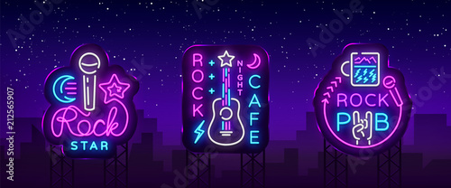 Rock Music collection Neon Logos Vector. Rock Pub, Cafe, Rock Star Neon Signs, Conceptual symbols, Bright Night Advertising, Light Banner, Live Music, Karaoke, Neon Signboard. Vector Billboards