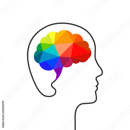 Imagination and creative thinking concept with colorful polygon brain and profile face outline