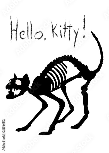 Hello, Kitty! Sarcastic silhouette of cat's skeleton in agressive pose.