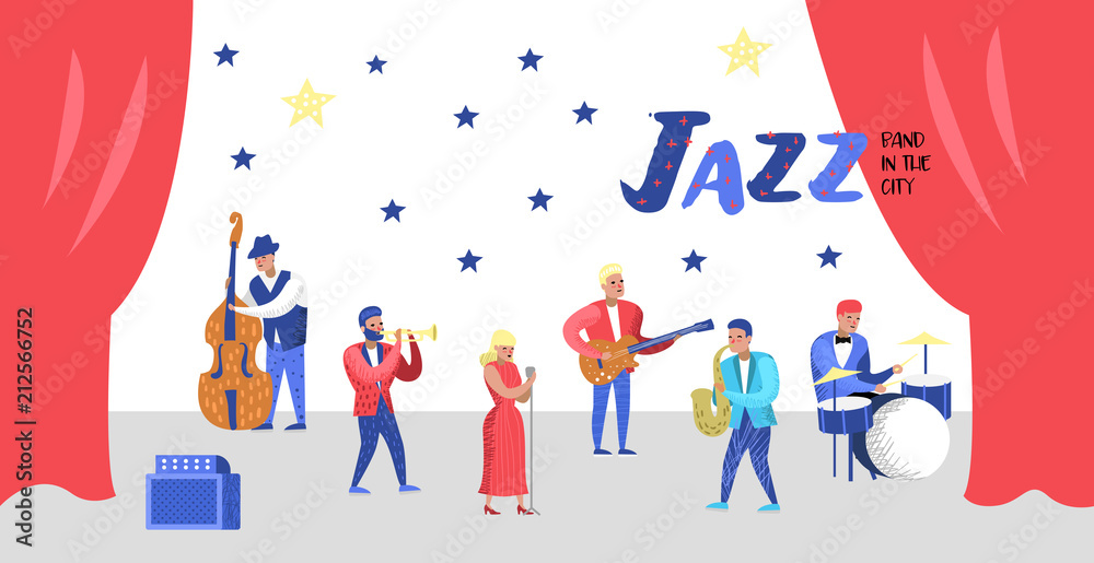 Jazz Concert Poster, Banner. Music Characters, Musical Instruments, Musicians and Singer Artists. Contrabassist, drummer, saxophonist, guitarist. Vector illustration