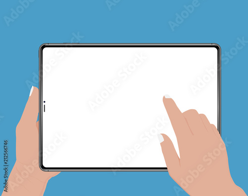 Hand holding. hand touching blank screen of tablet Isolated vector flat icon illustration.