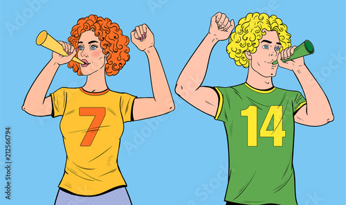 Pop Art Soccer Fans with Horns Supporting Favorite Teams. Football Supporter Man and Woman with Vuvuzela. Vector illustration
