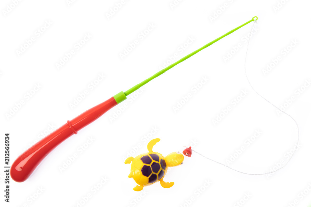 Toy plastic fishing rod isolated on white background Stock Photo