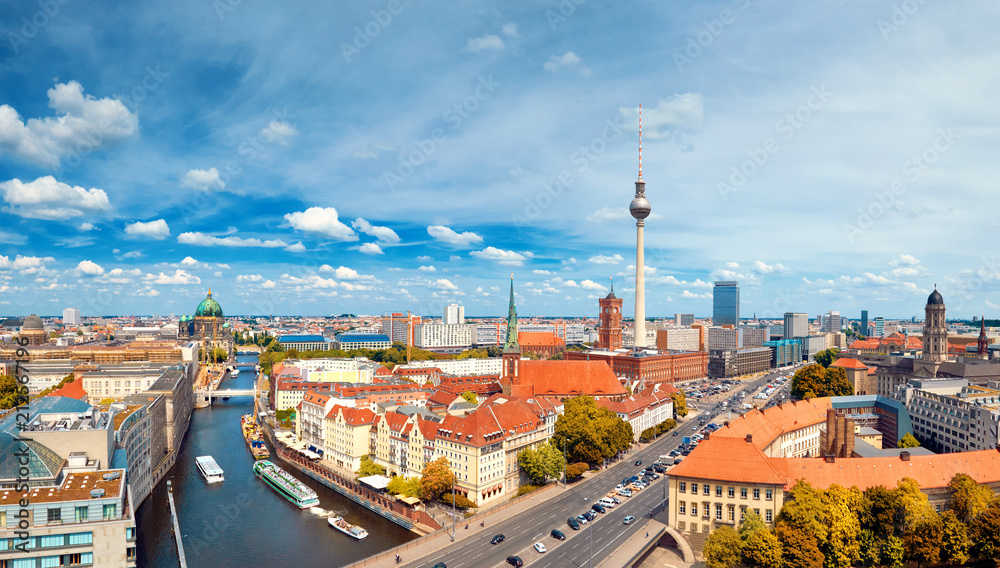 Aerial view of central Berlin on a bright day, including river Spree and television tower at Alexanderplatz