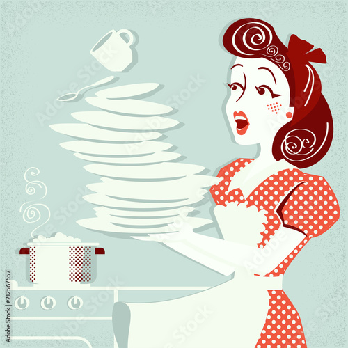 Portrait of Clumsy attractive woman falling plates and dishes in her kitche.Vintage image