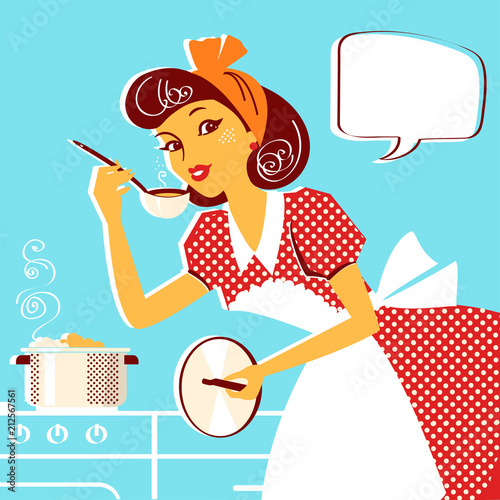 Young portrait of housewife in retro fashion dress cooking soup