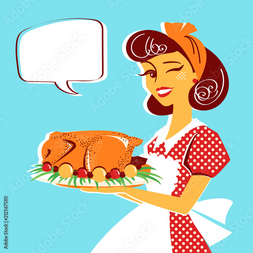 Housewife portrait and roasted chicken on plate