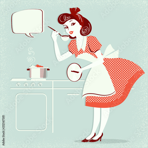 Young housewife in retro fashion dress cooking soup on old poster