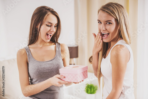 Girl Giving Pink Box with Gift to Happy Friend.