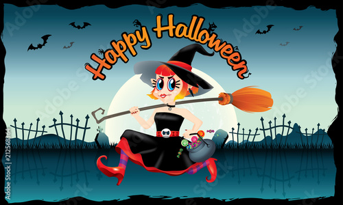 A running cute witch, holding a bowl of candies and a magic broom in her hand. With spooky background.