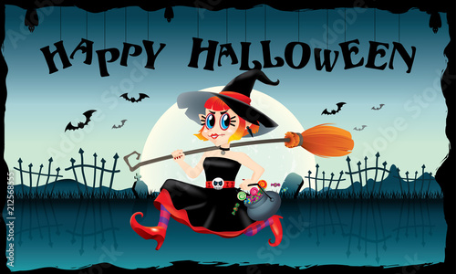 A running cute witch, holding a bowl of candies and a magic broom in her hand. With spooky background.