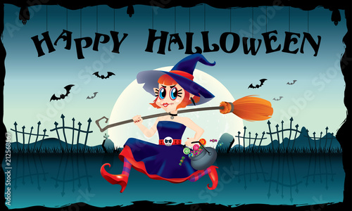 A running cute witch, holding a bowl of candies and a magic broom in her hand. With spooky background.
