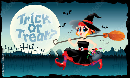 A running cute witch, holding a bowl of candies and a magic broom in her hand. With spooky background.
