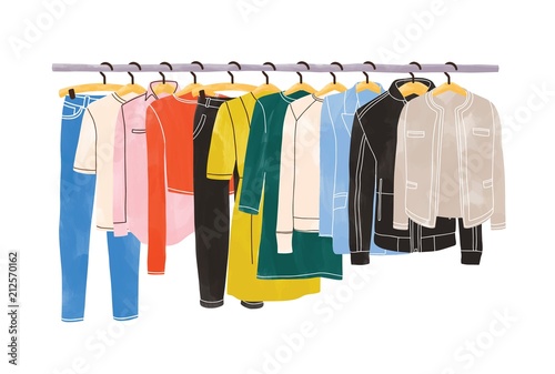 Colored clothes or apparel hanging on hangers on garment rack or rail isolated on white background. Clothing organization or storage. Inner space of closet or wardrobe. Hand drawn vector illustration.
