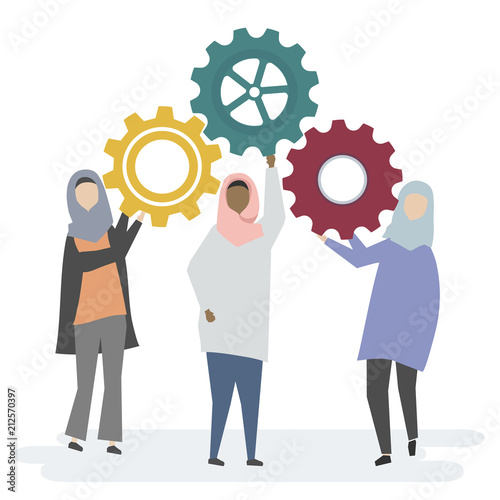 Illustration of Muslim women characters with cogwheels