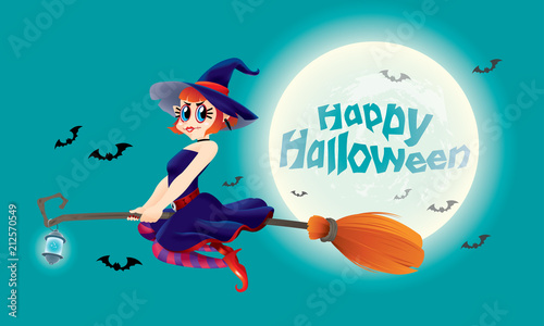 A cute witch flying with her magic broom. With full moon night scene.