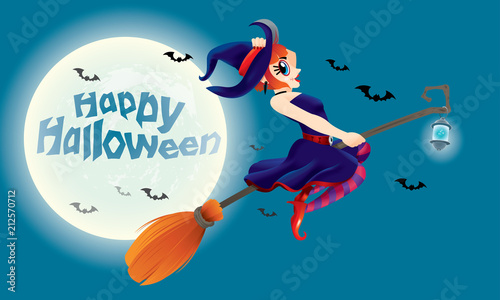 A cute witch flying with her magic broom. With full moon night scene.