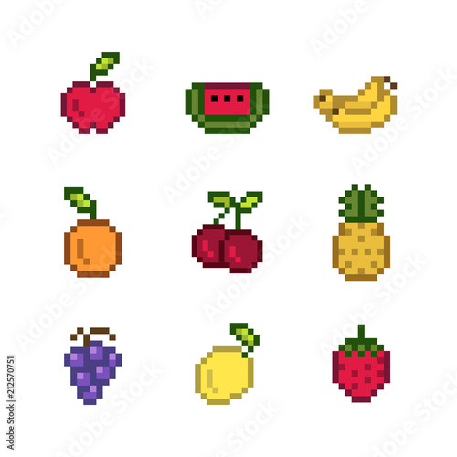 Collection of mixed pixelated fruits