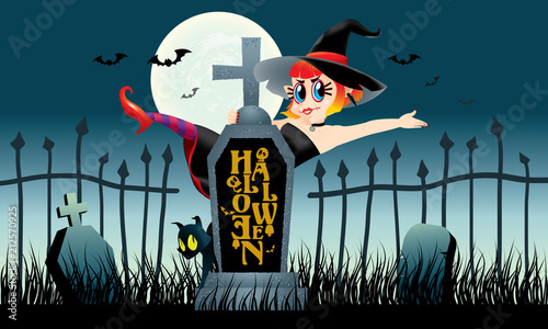 A cute witch stand behind a gravestone. With spooky background.
