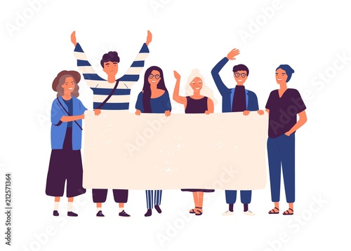 Group of young men and women standing together and holding blank banner. People taking part in parade or rally. Male and female protesters or activists. Flat cartoon colorful vector illustration.