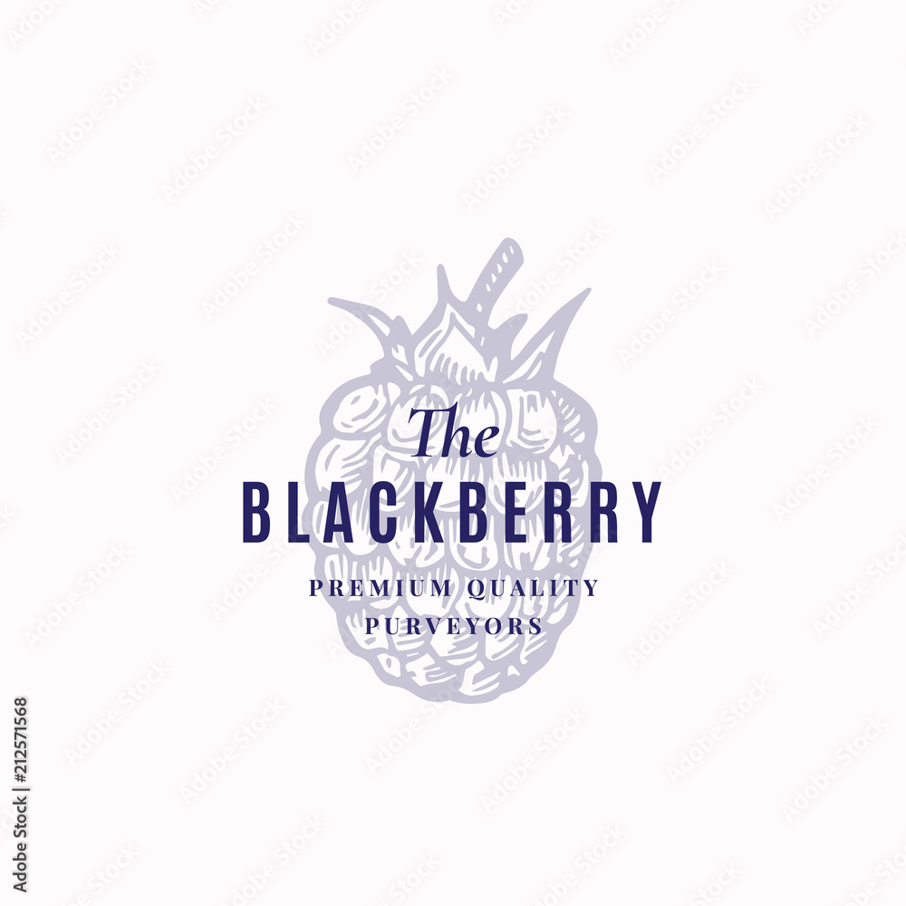 The Blackberry Abstract Vector Sign, Symbol or Logo Template. Black Berry Sketch Sillhouette with Elegant Retro Typography. Vintage Luxury Emblem.
