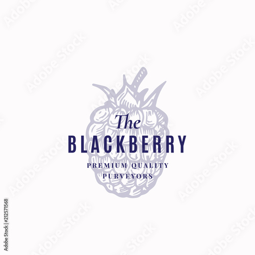 The Blackberry Abstract Vector Sign, Symbol or Logo Template. Black Berry Sketch Sillhouette with Elegant Retro Typography. Vintage Luxury Emblem.