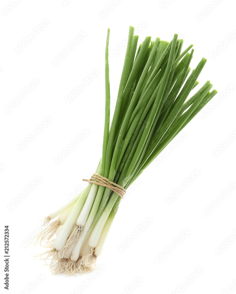 Tied fresh green onion on white background Tied fresh green onion on white background