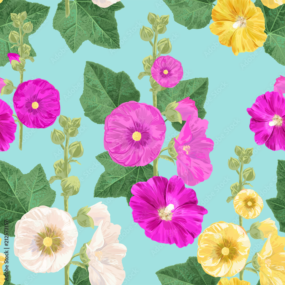 Malva Flower Seamless Pattern. Summer Floral Background with Flowers. Watercolor Blooming Design for Wallpaper, Fabric. Vector illustration