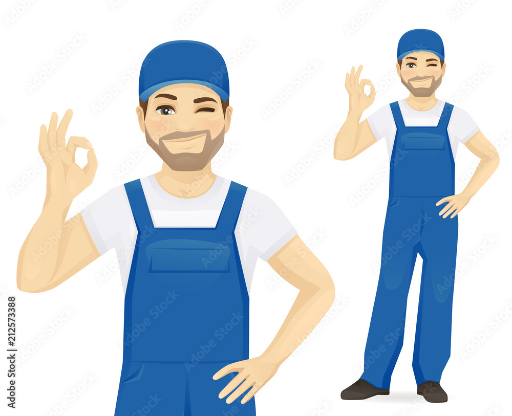 Man in blue overalls gesturing ok sign vector illustration Man in blue overalls gesturing ok sign vector illustration
