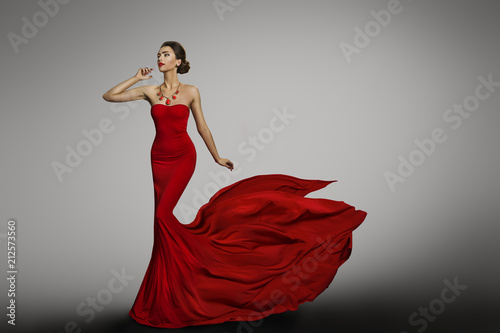 Woman Red Dress, Fashion Model in Long Silk Sexy Gown, Waving Flying Fabric Tail Train, Cloth Fluttering on Wind
