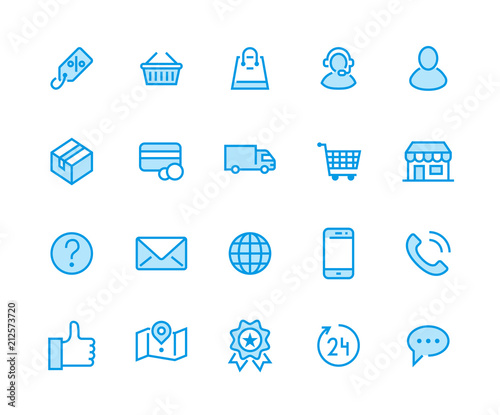 Online shopping flat line icons. E-commerce business, contacts, support, social networks, shop basket, sale, delivery illustrations. Thin signs for web store. Pixel perfect 48x48. Editable Strokes.