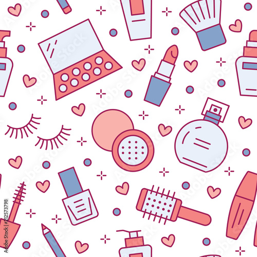 Makeup beauty care red seamless pattern with flat line icons. Cosmetics illustrations of lipstick, mascara, perfume, eyeshadows, nail polish. Cute pink repeated wallpaper signs make up store.