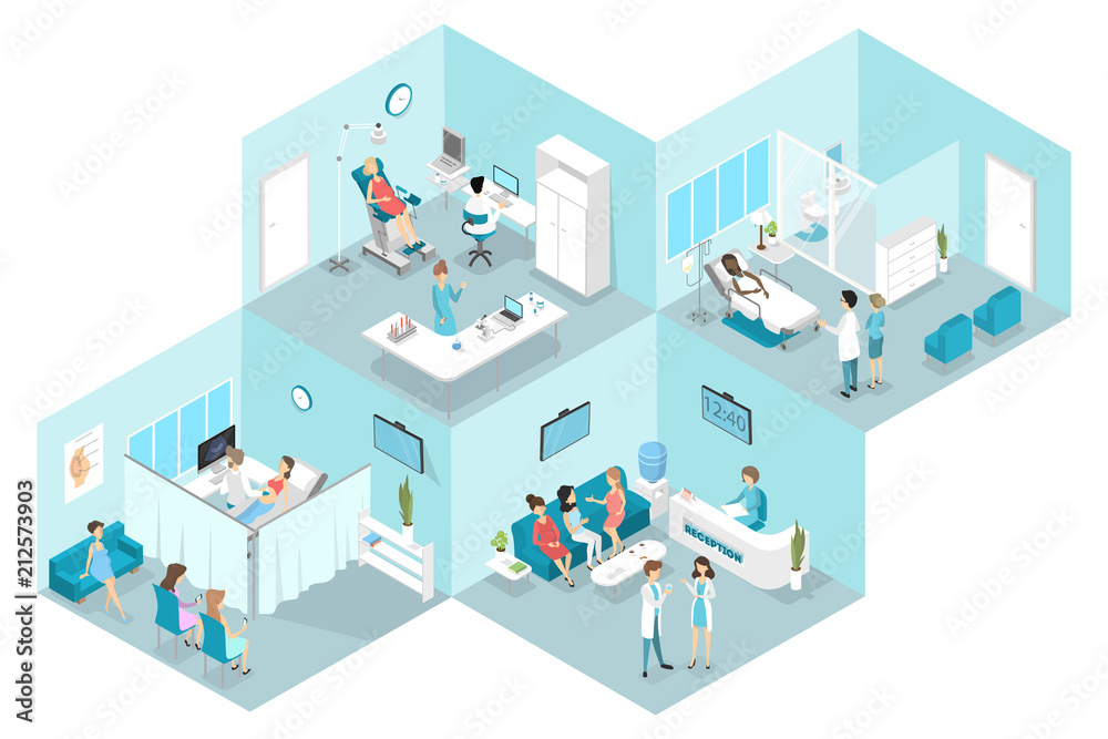 Fototapeta premium Isometric flat interior of gynecology hospital