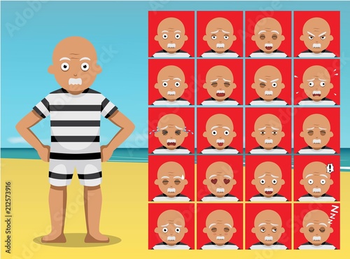 Summer Beach Oldman Cartoon Emotion faces Vector Illustration
