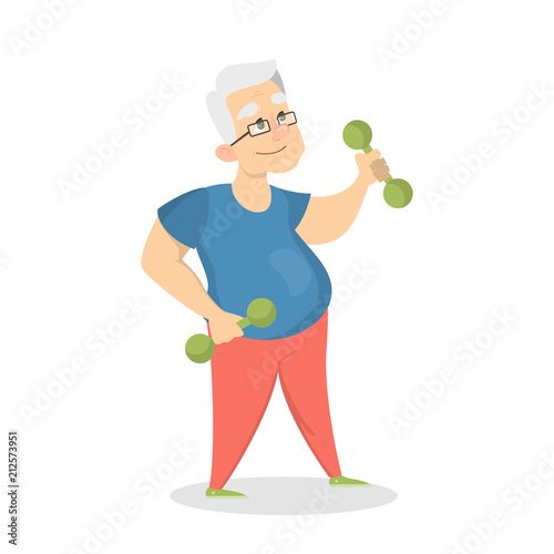 Old man doing exercises with dumbbells