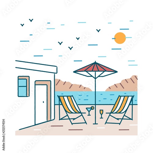 Summer landscape with pair of deck chairs, exotic cocktails and umbrella stan...