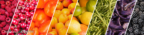 Fresh fruits and vegetables rainbow panoramic collage, healthy eating concept