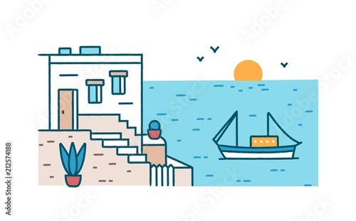 Summertime scenery with beautiful hotel building standing against boat or ship sailing in sea or ocean and setting sun on background