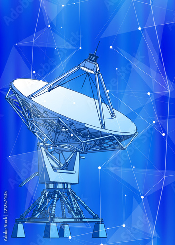 Satellite Dishes Antenna - doppler radar, digital wave and blue technology background - abstract illustration of science, astronomy, information technology, network solutions and digital technologies