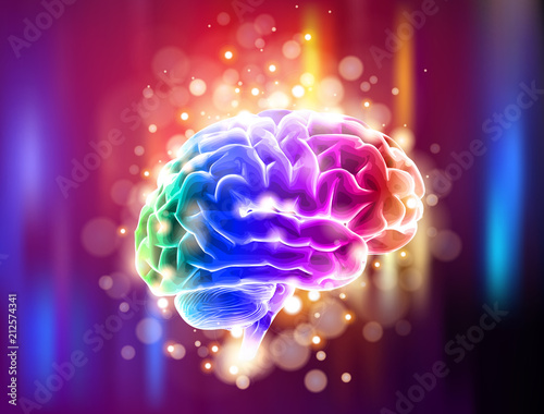 Fototapeta Naklejka Na Ścianę i Meble -  Human brain on a color technological background surrounded by information fields, neural networks, Internet webs - the concept of modern technology, biotechnology, artificial intelligence. Vector draw