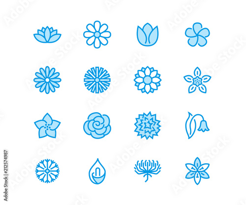 Flowers flat line icons. Beautiful garden plants - chamomile, sunflower, rose flower, lotus, carnation, dandelion, violet blossom. Thin signs for floral store. Pixel perfect 48x48. Editable Strokes