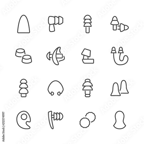 Earplugs flat line icons. Healthy sleep without snore, ear safety illustrations. Thin signs for medical store. Pixel perfect 48x48. Editable Strokes.