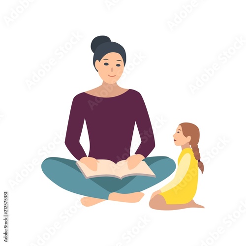 Mom and daughter sitting on floor and reading book together. Mother telling fairy tale her little girl. Adorable cartoon characters isolated on white background. Flat colored vector illustration.